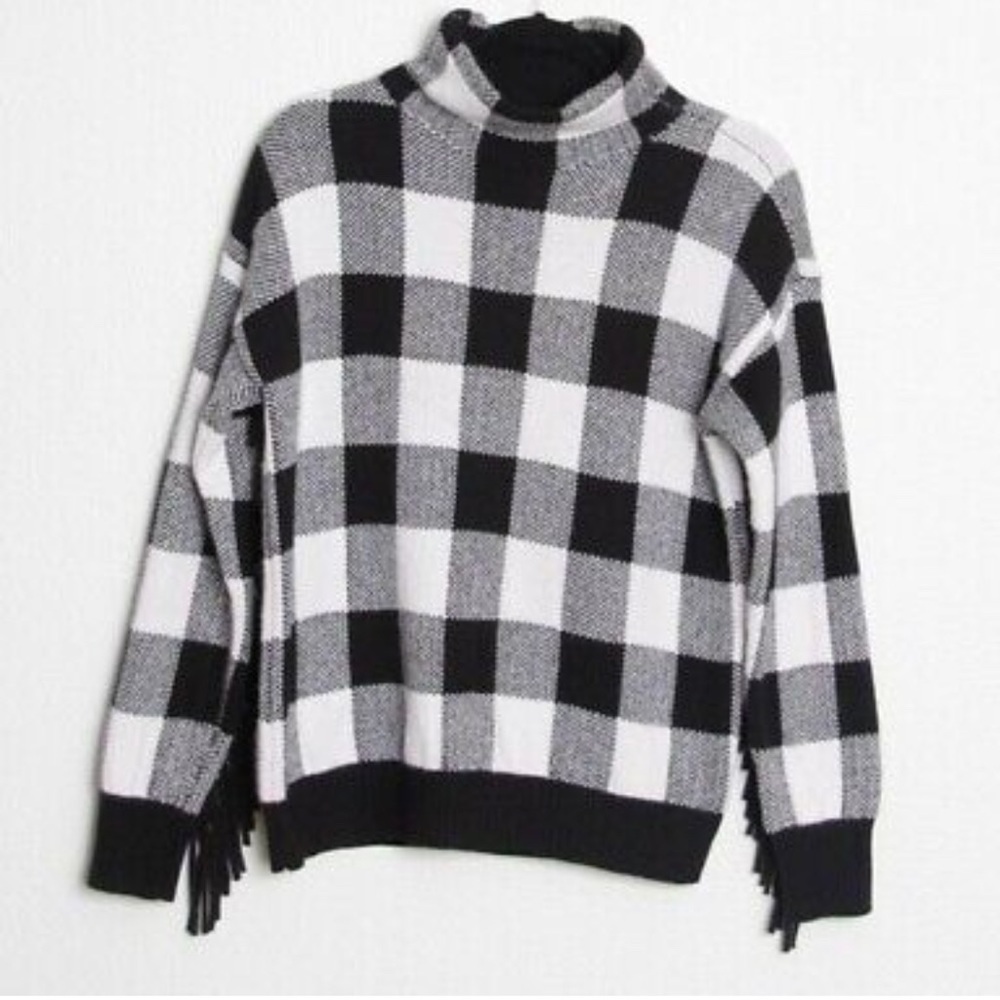 Lauren Ralph Lauren Buffalo Plaid Fringe Sweater Wool Black & White